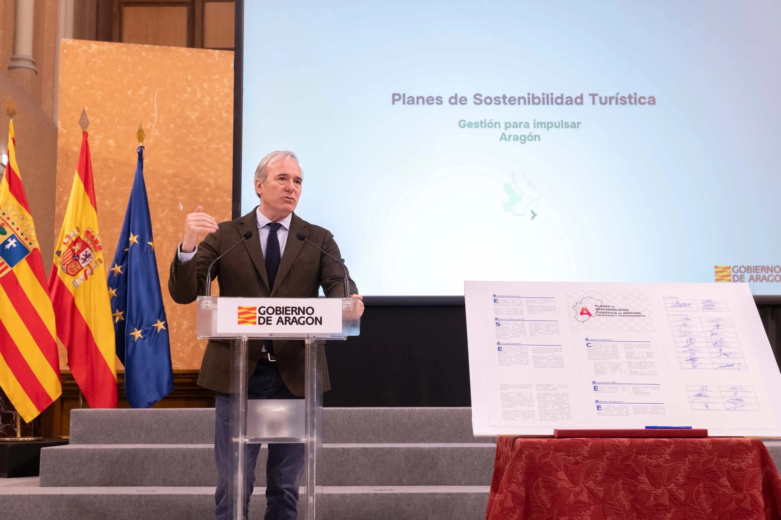 Presentación de los Planes de Sostenibilidad Turística en Aragón El presidente de Aragón presenta los nuevos Planes de Sostenibilidad Turística durante un acto institucional en Zaragoza.